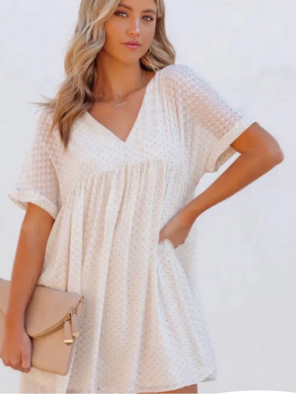 Vici Cream Swiss Dot V-Neck Babydoll Mini Dress
